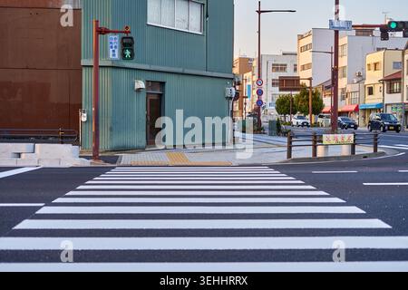 Un passage piéton avec des rayures blanches s'étend sur une route asphaltée à une intersection urbaine tranquille au Japon. Au premier plan, un métal ondulé bleu-vert Banque D'Images