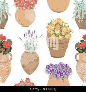 Fleurs dans le motif sans couture de poterie en faïence. Fond de jardin en pot isolé sur un fond blanc. Illustration vectorielle Illustration de Vecteur