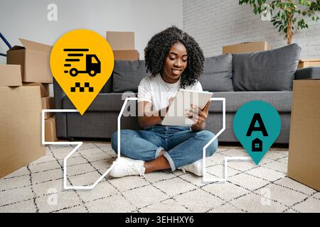Carte montrant l'itinéraire de déplacement pour taxi avec des marqueurs de livraison pour les articles en mouvement Banque D'Images