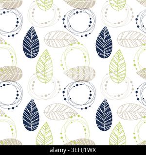 motif vectoriel avec des feuilles abstraites et des cercles géométriques en bleu marine, vert citron et beige pour le design textile moderne et le papier peint de décoration intérieure Illustration de Vecteur
