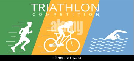 Affiche de triathlon. Compétitions sportives, nageurs, coureurs et cyclistes, sportifs professionnels, amateurs, événement actif, silhouettes de personnes en mouvement, maintenant Illustration de Vecteur