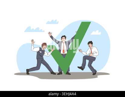 Achèvement de la tâche. Approbation réussie, les hommes d'affaires heureux se réjouissent à la conclusion de l'accord, l'équipe atteint les objectifs, les résultats positifs du plan, l'employé productivit Illustration de Vecteur