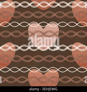 Motifs sans couture coeurs peints à la main, lignes ornementales tressées dans des tons terreux chauds sur fond texturé foncé. Design rustique de style aquarelle pour Banque D'Images