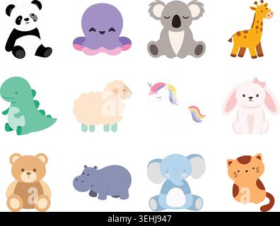 Un ensemble d'illustration plat coloré avec des personnages animaux mignons, y compris panda, poulpe, koala, girafe, crocodile, mouton, licorne, lapin, teddy b Illustration de Vecteur