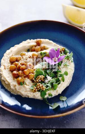 Houmous avec roquette microgreens, pois chiches, moutarde et fleurs violettes Banque D'Images