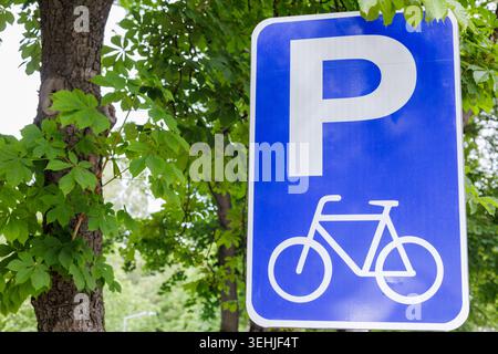 Gros plan d'un panneau routier bleu rectangulaire avec la lettre P et une icône de vélo blanche dans un parc de la ville. Infrastructures urbaines et transports écologiques c Banque D'Images