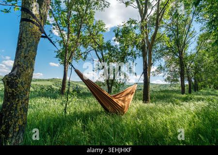 Vue d'un hamac brun suspendu entre de grands arbres dans une prairie verdoyante avec des collines ondulantes sous un ciel bleu vif Bukovac, Voïvodine, Serbie. Banque D'Images