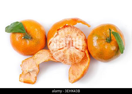 Deux mandarines entières (Citrus reticulata) avec des feuilles et une mandarine pelée avec sa peau entourant le fruit. Banque D'Images