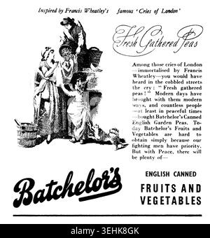 Publicité en temps de guerre, publicité du magazine Picture Post de 1945 pour Batchelor’s conserves de fruits et légumes, Cries of London, Fresh Collected Peas Banque D'Images