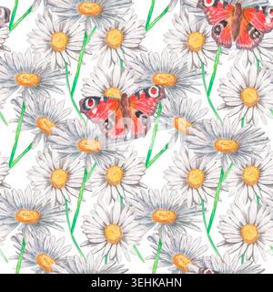 Motif aquarelle sans couture avec marguerites et papillons paon. Banque D'Images
