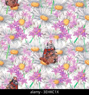 Motif aquarelle sans couture à petite échelle avec marguerites blanches, fleurs de campanula lilas et papillons amiraux sur blanc. Peint à la main vibrant botanique Banque D'Images