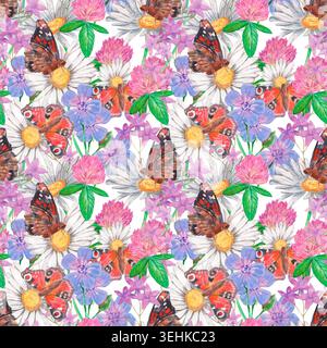 Motif aquarelle sans couture avec marguerites, trèfle, géranium, campanula, paon et papillons amiraux sur blanc. Répétition botanique dense peinte à la main Banque D'Images