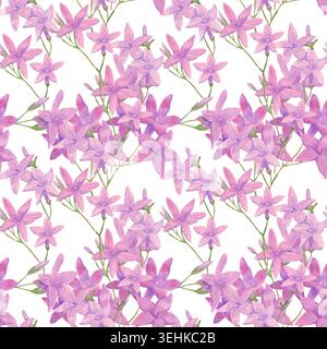 Motif aquarelle sans couture avec fleurs, bourgeons et tiges campanula lilas sur fond blanc. Motif botanique aéré peint à la main pour le tissu Banque D'Images