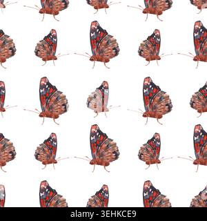 Motif aquarelle sans couture à grande échelle avec papillons amiraux dans le profil sur fond blanc. Motif minimal de répétition peint à la main pour le tissu Banque D'Images