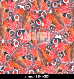 Motif aquarelle sans couture dense à grande échelle avec des papillons de paon se chevauchant sur fond blanc. Motif de répétition vibrant peint à la main pour le tissu Banque D'Images