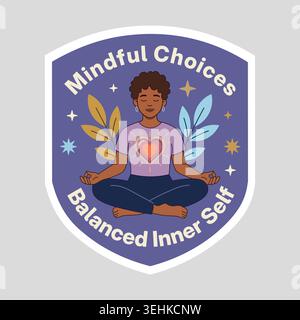 Mindful Choices Inner Self badge équilibré avec femme méditant en position Lotus Illustration de Vecteur