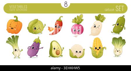 Ensemble d'autocollants de légumes mignons avec citrouille chou Chili, radis, concombre avocat et autres légumes du jardin dans le style de dessin animé kawaii Illustration de Vecteur