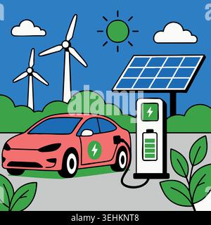 Véhicule électrique rouge moderne branché dans la station de charge de boîte murale avec des éoliennes et des panneaux solaires sur fond pour le transport écologique vert co Illustration de Vecteur