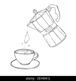Café dessiné à la main doodle de moka pot versant le café dans la tasse. Illustration de Vecteur