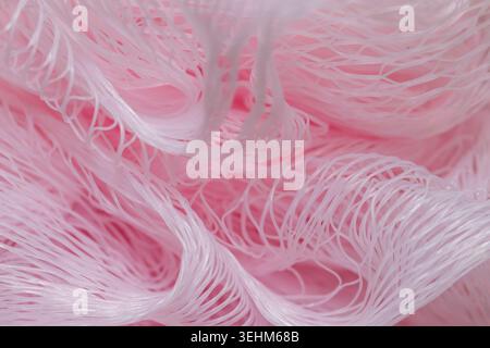 Photo macro d'une bouffée de douche à mailles roses ou d'une éponge de bain. Gros plan abstrait de texture nette synthétique douce pour l'hygiène, les soins du corps et la salle de bain co Banque D'Images