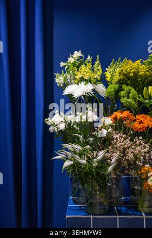 Un affichage floral vibrant mettant en vedette des fleurs mélangées dans des vases sur un fond bleu foncé. L'arrangement coloré comprend le blanc, le jaune et l'orange Banque D'Images