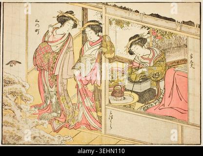 Courtisanes of the Nakaomiya, de Mirror of Beautiful Women of the Pleasure Quarters, vol. 2 de Katsukawa Shunsho et Kitao Shigemasa, 1776, représentant trois femmes élégamment habillées dans un cadre intérieur avec vue sur le jardin, engagées dans des activités de loisirs Banque D'Images