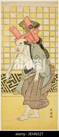 L'acteur Asao Tamejûrô I dans le rôle de Drunken Gotôbei de Katsukawa Shun'EI, vers 1790, représentant un artiste kabuki en costume portant des canons roses surdimensionnés, posé dans une scène théâtrale comique Banque D'Images