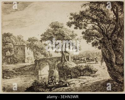 Troupeau près d'un pont de pierre par Anthonie Waterloo, s.d., représentant des bovins et des personnages rassemblés par une tour fortifiée à côté d'un passage d'eau dans un paysage boisé Banque D'Images