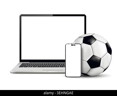 Ordinateur portable avec smartphone et ballon de football isolé sur fond blanc. Illustration vectorielle. Illustration de Vecteur