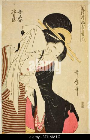 Koharu et Jihei, de la série motifs à la mode dans le style Utamaro de Kitagawa Utamaro, vers 1798/99, représentant deux femmes en étreinte étroite, une voilée, portant des robes superposées avec des motifs rouges et rayés Banque D'Images