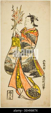 Young Woman Holding Flowers d'Okumura Toshinobu, v. 1730, représentant une figure élégamment habillée dans un kimono richement structuré présentant un jet de délicates fleurs Banque D'Images