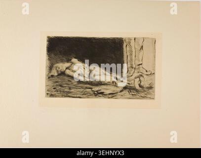 Plaque de l'Assommoir de Gaston la touche, 1878, représentant une femme couchée inconsciente sur un sol à côté de personnages debout Banque D'Images