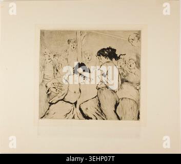 Plaque tirée de l'Assommoir de Gaston la touche, 1878, représentant deux femmes qui combattent alors que les spectateurs regardent sous le choc et l'alarme Banque D'Images