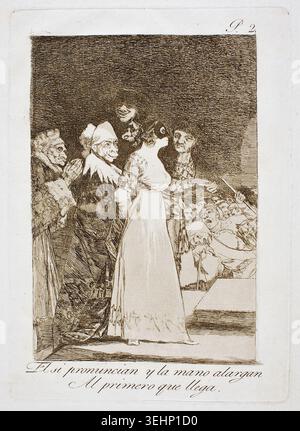 Ils disent "Oui" et donnent leur main au premier venu de Francisco José de Goya y Lucientes, 1797/99, représentant une jeune femme dans une robe élégante entourée d'hommes et de grotesques figures masquées dans un cadre sombre Banque D'Images