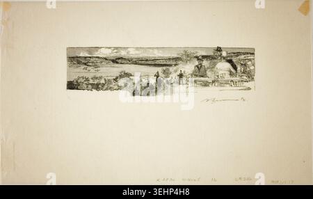 Vallée de la sole par Louis Auguste Leperre, 1890, représentant un paysage panoramique au bord de la rivière avec des figures rassemblées le long du bord de l'eau et des bâtiments nichés dans une vallée pittoresque Banque D'Images