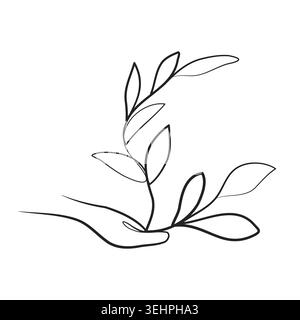 Une seule main humaine soutient délicatement une pousse de plante délicate avec plusieurs feuilles. L'œuvre est rendue dans une ligne noire continue et fluide sur un fond blanc, incarnant la croissance et le soin. Illustration de Vecteur