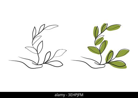 La main tient doucement une branche de plante avec plusieurs feuilles dans deux styles d'art au trait distincts. L'un est un simple contour noir. Les autres caractéristiques remplissent les feuilles vertes. Illustration de Vecteur