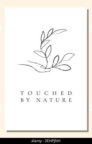 Une affiche blanche minimaliste présente une illustration de dessin au trait unique. Une main délicate berce doucement une petite plante avec plusieurs feuilles. Illustration de Vecteur