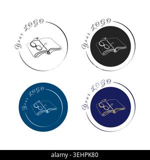 Quatre concepts de logo d'art en ligne continue avec un livre ouvert et des lunettes de lecture. Illustration de Vecteur