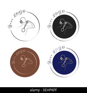 Un dessin minimaliste d'art en ligne continue d'une figure féminine tenant un élégant pinceau à long manche. Les variations de conception comprennent des remplissages de couleur unie et des logos de cercle sur un fond blanc. Illustration de Vecteur