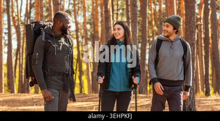 Groupe multiracial de randonneurs sur fond de forêt Banque D'Images