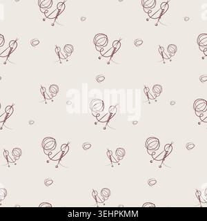 Un motif répétitif sans couture avec des lignes abstraites brun rougeâtre foncé dessinées à la main formant des boules de laine stylisées et des aiguilles à tricoter sur un fond beige clair. Illustration de Vecteur
