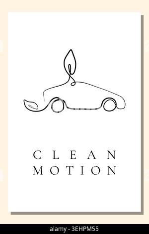 Une affiche minimaliste montre une voiture dessinée avec une seule ligne continue sur fond blanc. Les feuilles sont intégrées dans la conception, symbolisant le transport écologique et l'énergie propre. Illustration de Vecteur