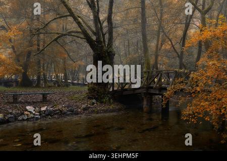 Scène d'automne paisible avec pont en bois à Vrelo Bosne près de Sarajevo Banque D'Images