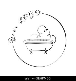 Un élégant dessin en ligne continue d'une baignoire à griffes, avec une vapeur montante, se trouve dans un cercle parfait. Illustration de Vecteur