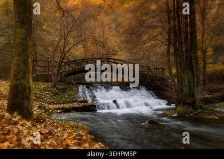 Pont en bois et ruisseau d'automne à Vrelo Bosne en Bosnie-Herzégovine Banque D'Images