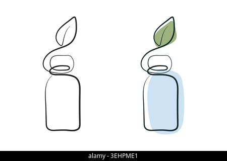 Deux bouteilles stylisées sont représentées à l'aide d'une technique de dessin au trait continu unique. Une bouteille est un contour noir. L'autre a des remplissages bleus et verts doux. Illustration de Vecteur