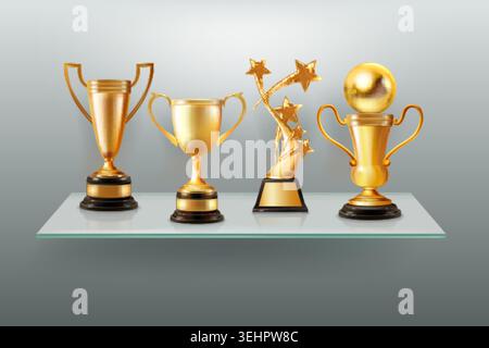 Étagère à trophées dorés. Tasses d'or réalistes, étagères de prix gagnantes à l'intérieur de la salle de mur 3d Awards trophées prix statuette piédestal gagner la réalisation du champion, illustration vectorielle exacte illustration originale Illustration de Vecteur