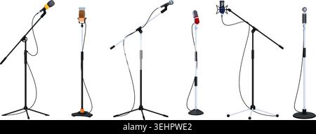 Microphones de support de dessin animé. Bâton de micro vintage et mike moderne pour l'enregistrement de studio de musique, performance de scène radio chantant chanson enregistrement de karaoké vocal set illustration vectorielle qualitative illustration originale Illustration de Vecteur