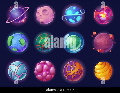 Planètes. Les planètes spatiales d'exploration de l'univers du monde définissent des images vectorielles exactes dans le style de dessin animé Illustration de Vecteur